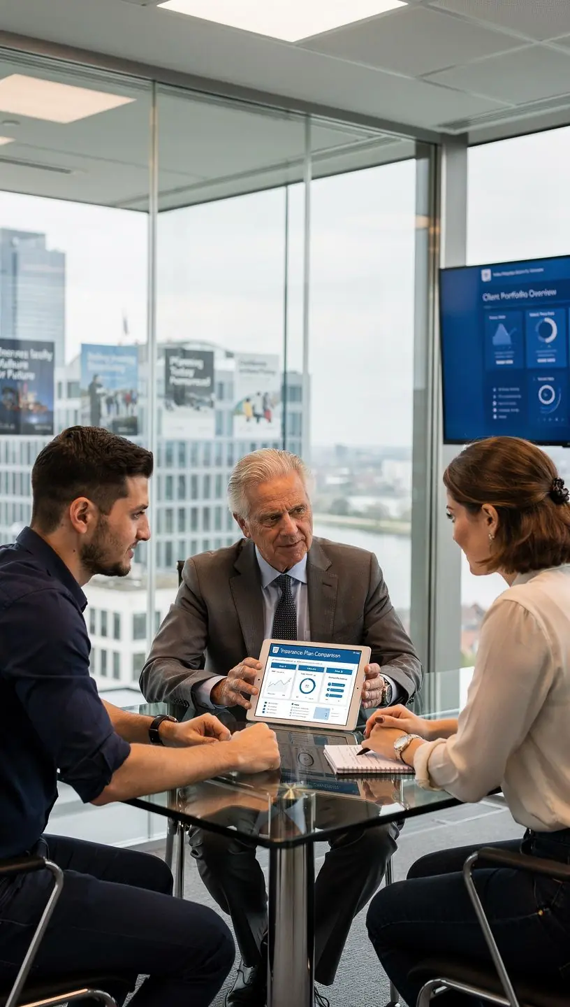 Nahaufnahme eines Beraters, der individuelle Versicherungslösungen am Tablet präsentiert